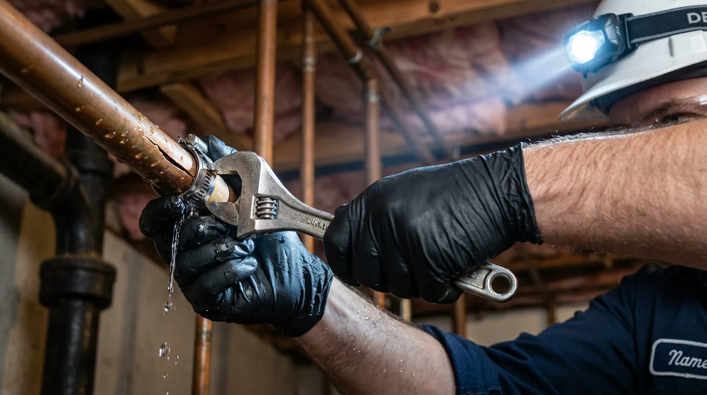 Emergency pipe clamp repair being performed by a Johns Plumbing LLC plumber in Cohasset